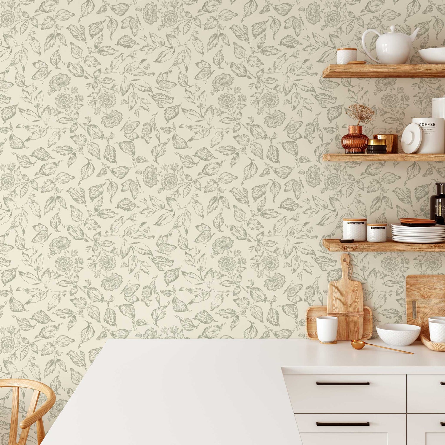 Butterfly Rose Garden Wallpaper in Dry Sage shown in a kitchen.