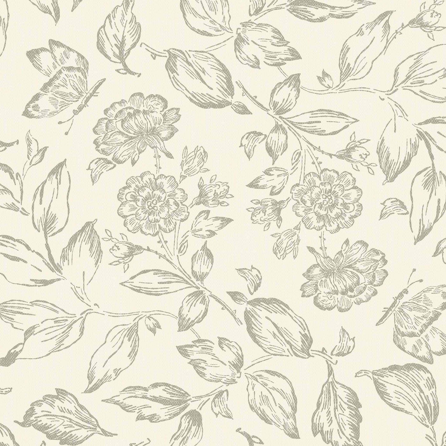 Butterfly Rose Garden Wallpaper in Dry Sage shown up close.