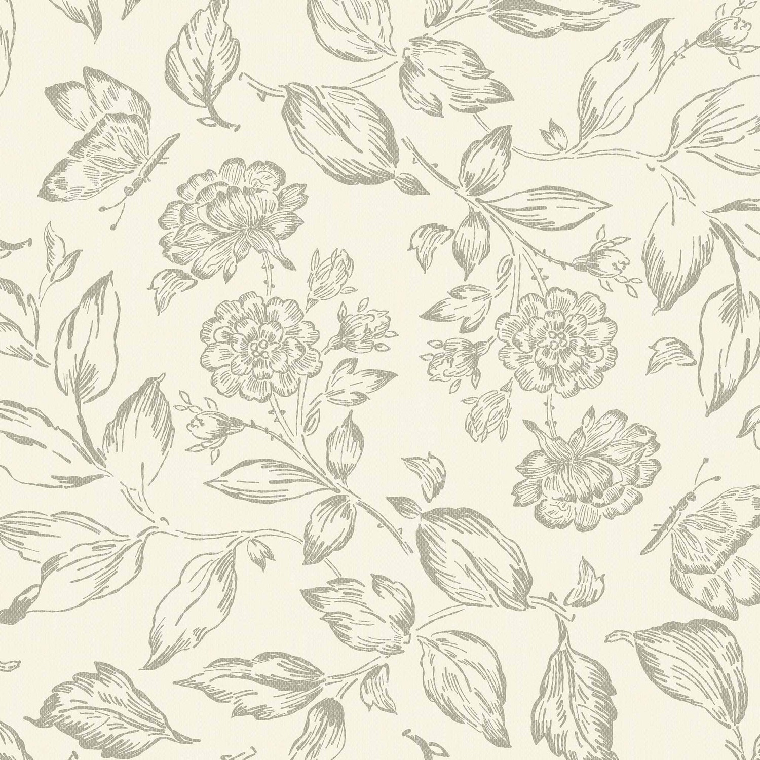 Butterfly Rose Garden Wallpaper in Dry Sage shown up close.