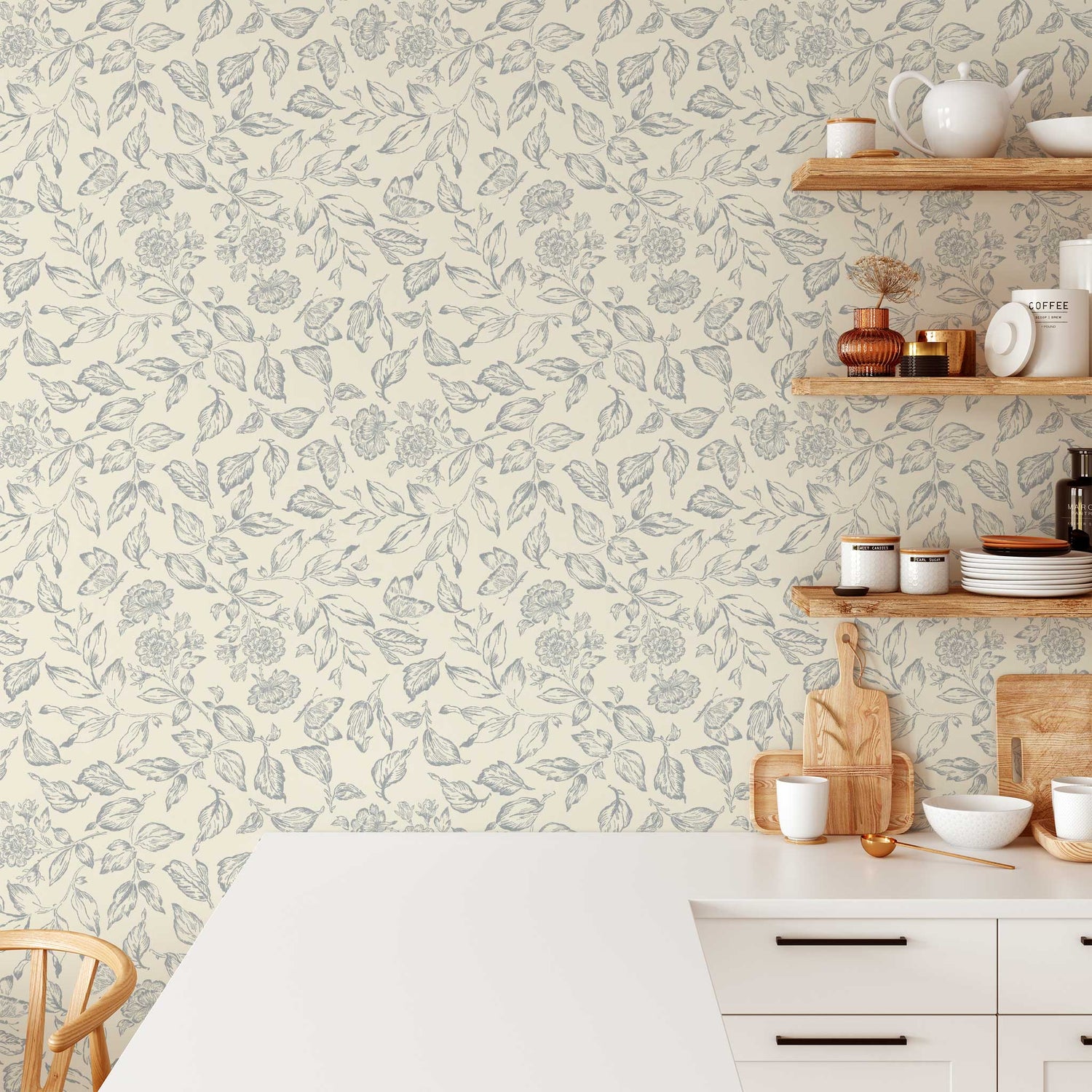 Butterfly Rose Garden Wallpaper in Dusty Blue shown in a kitchen.
