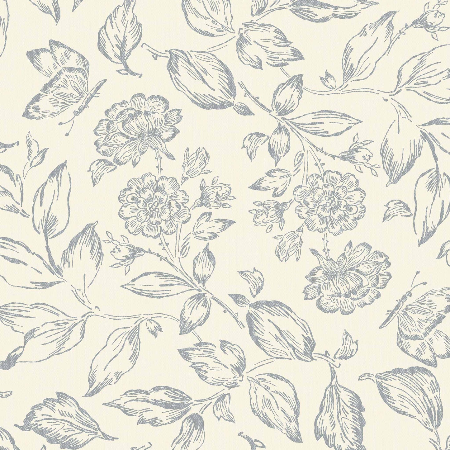 Butterfly Rose Garden Wallpaper in Dusty Blue shown up close.