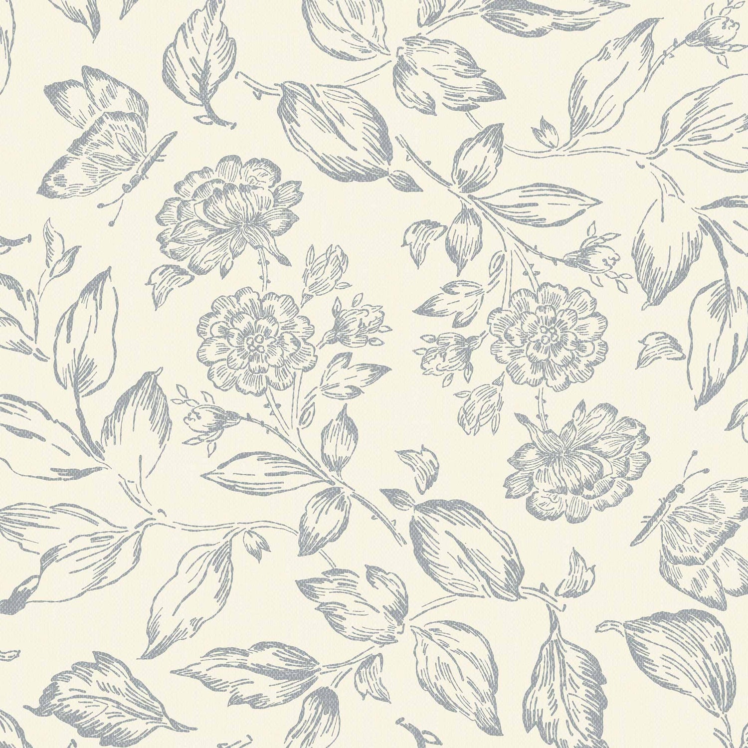 Butterfly Rose Garden Wallpaper in Dusty Blue shown up close.