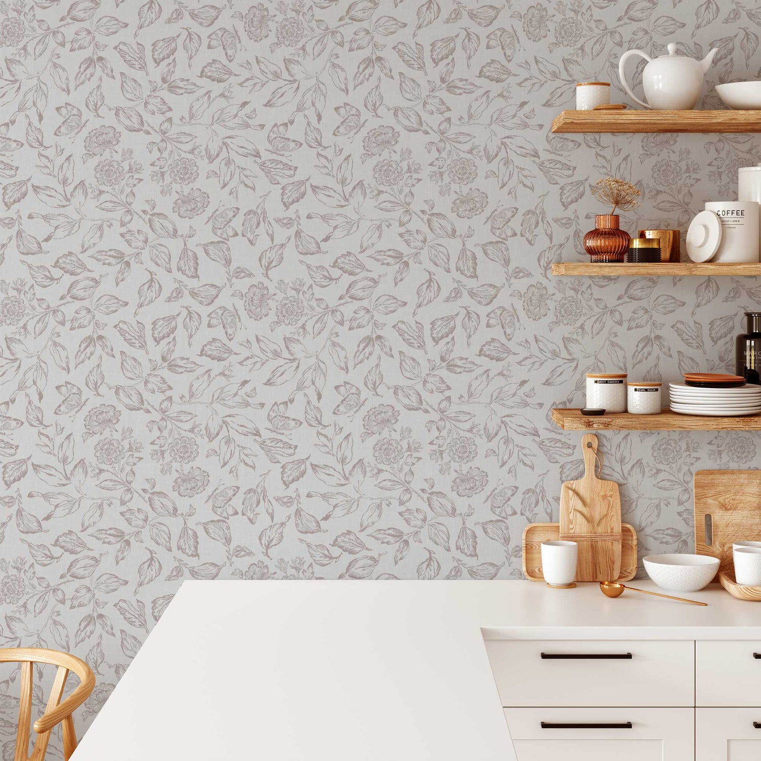 Butterfly Rose Garden Wallpaper in Gray Blue shown in a kitchen.