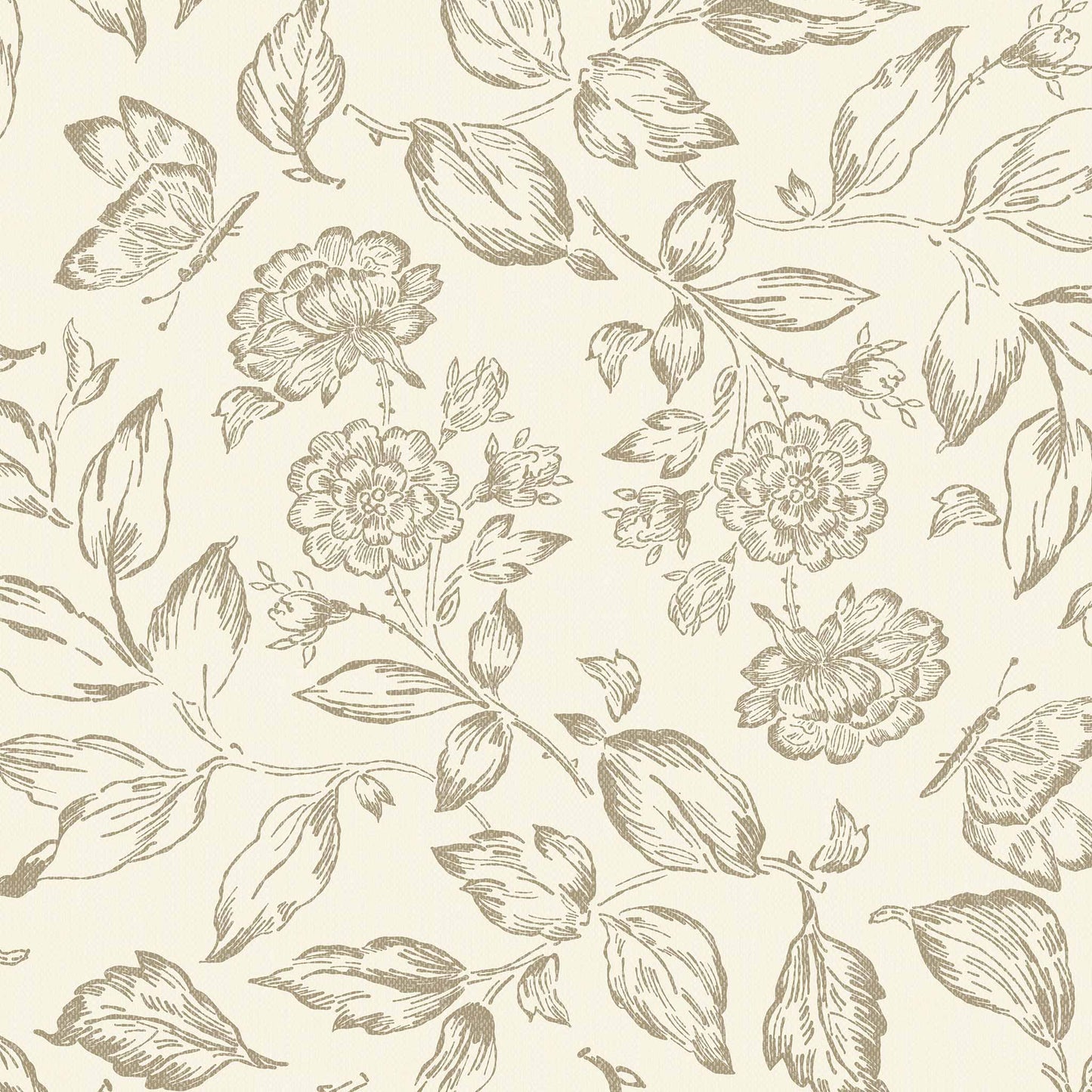 Butterfly Rose Garden Wallpaper in Neutral shown up close.