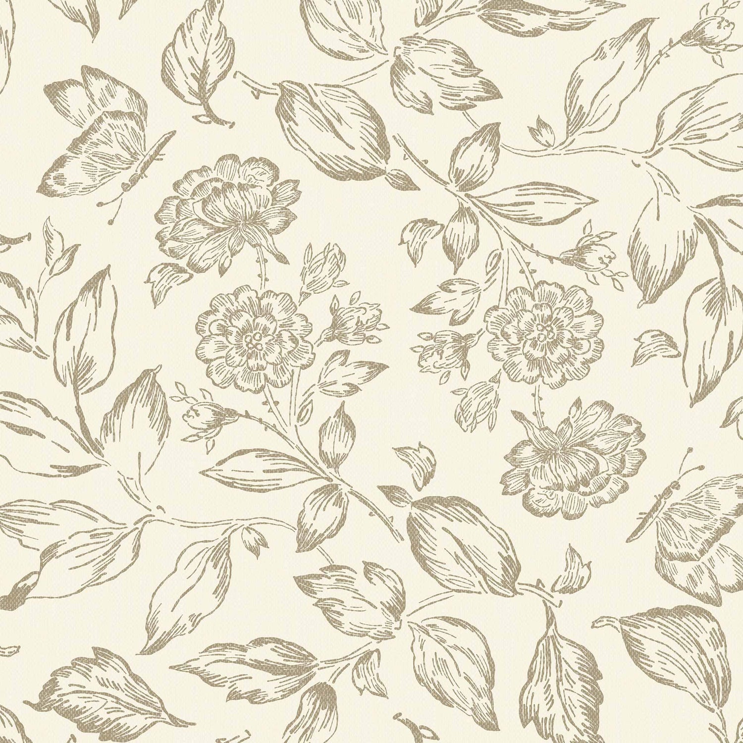 Butterfly Rose Garden Wallpaper in Neutral shown up close.