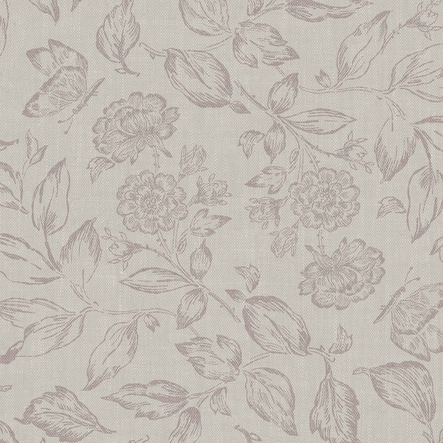 Butterfly Rose Garden Wallpaper in Taupe shown close up.