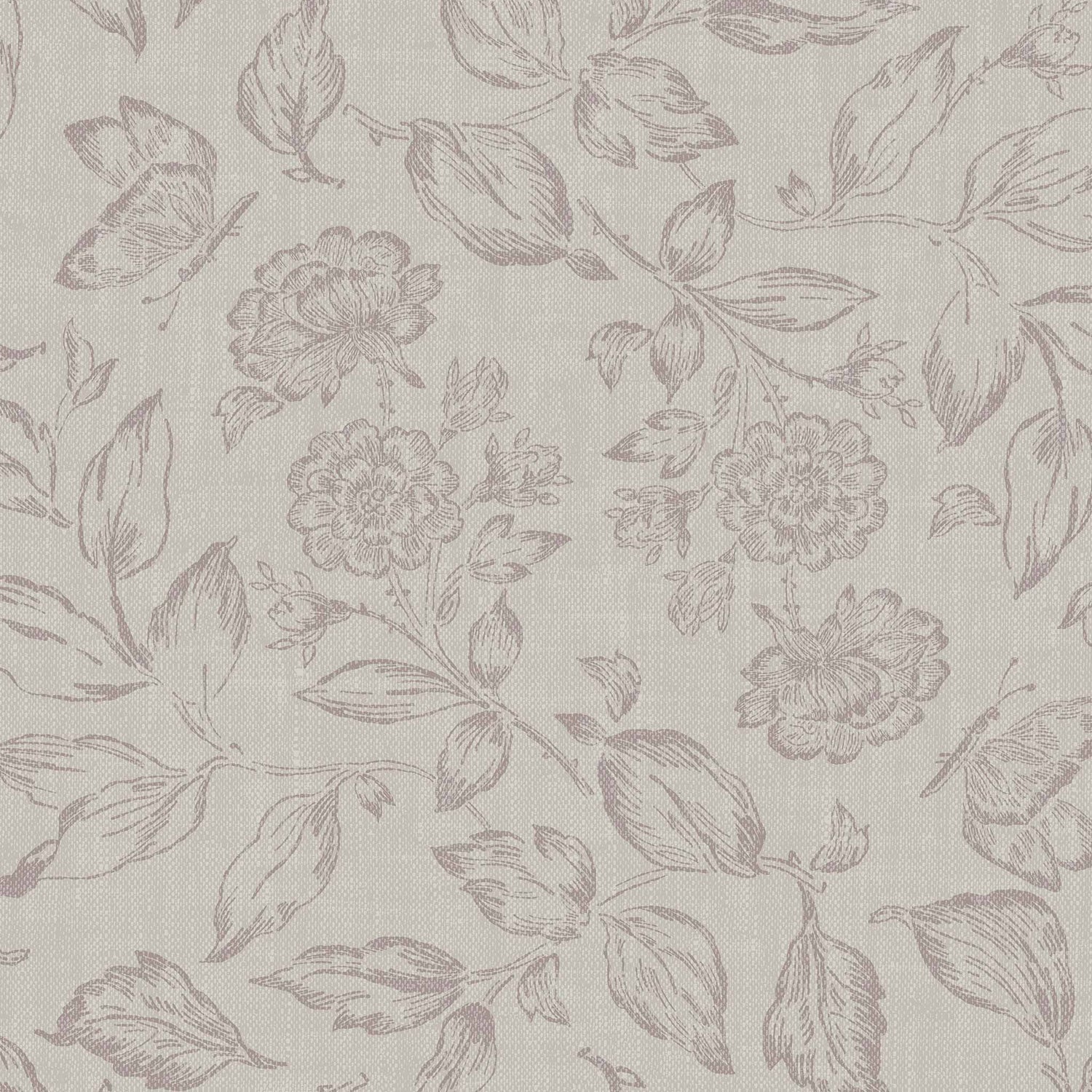 Butterfly Rose Garden Wallpaper in Taupe shown close up.