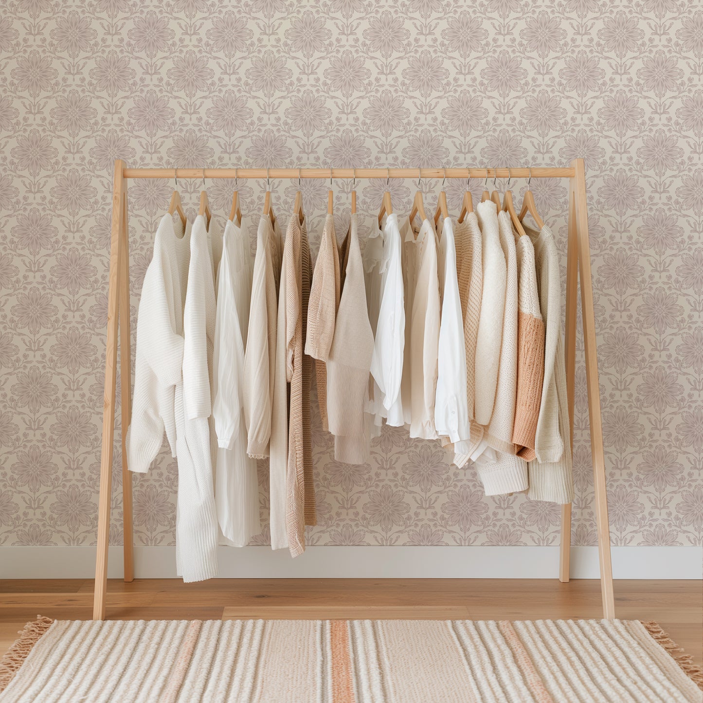 Rosette Wallpaper in Blush shown in a girls closet.