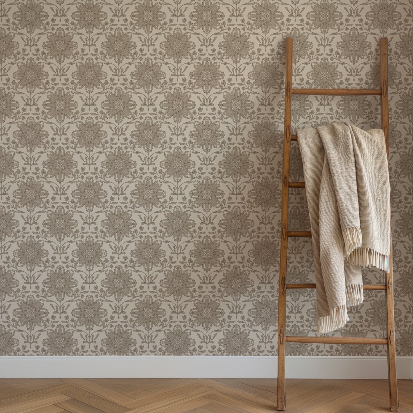 Rosette Wallpaper in Tan shown in a hallway.