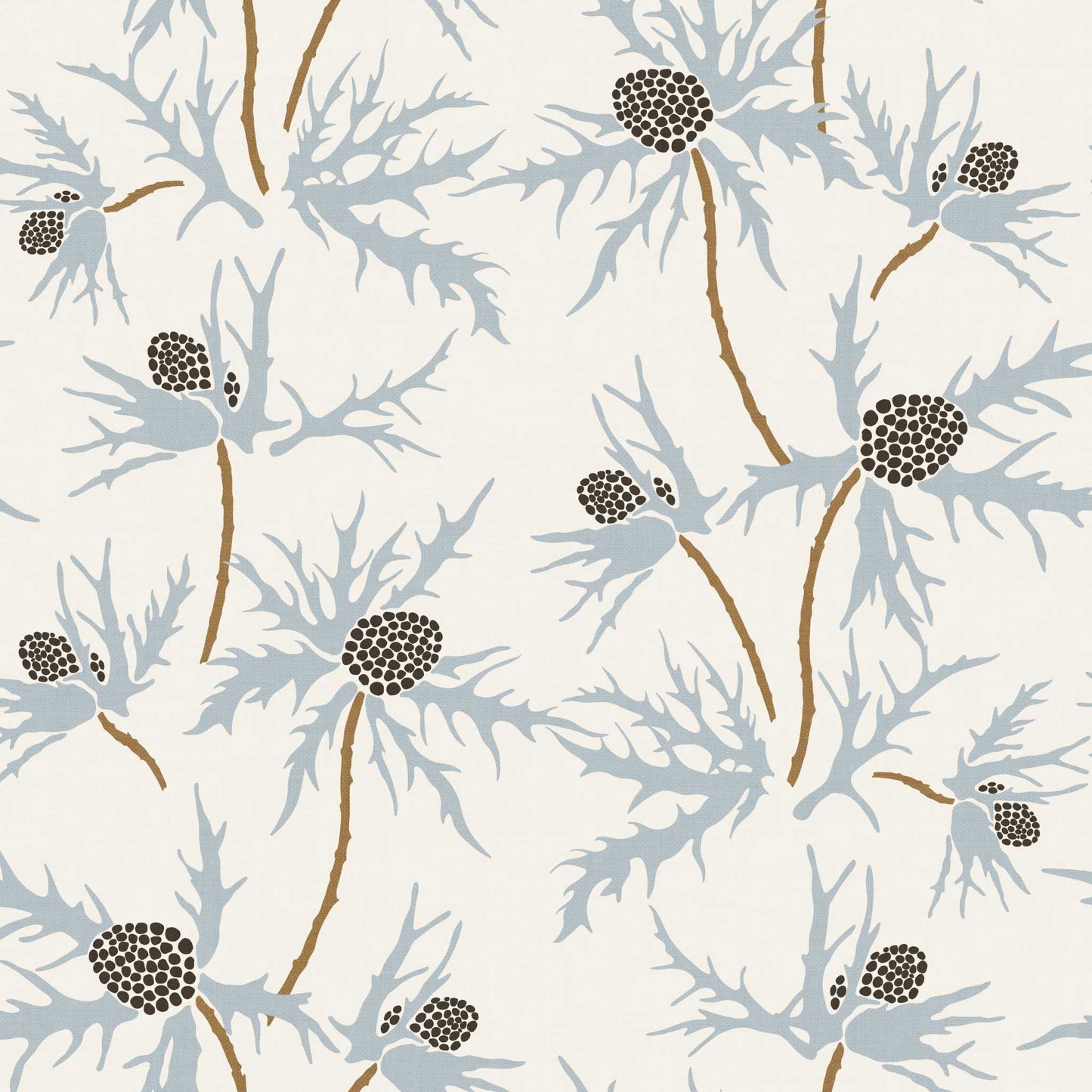 Closeup view of our Coastal Sea Holly Wallpaper in Blue on White
