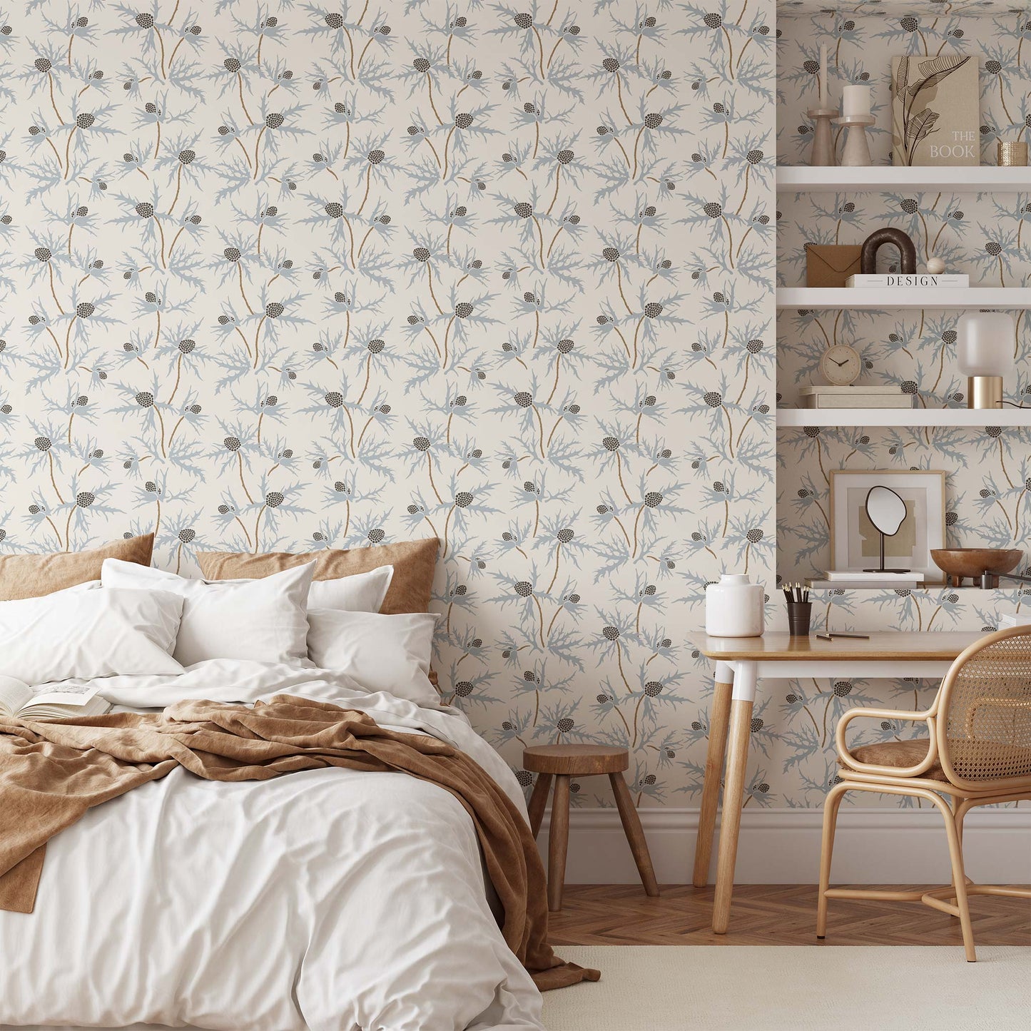 Coastal Sea Holly Wallpaper in Blue on White shown in a bedroom