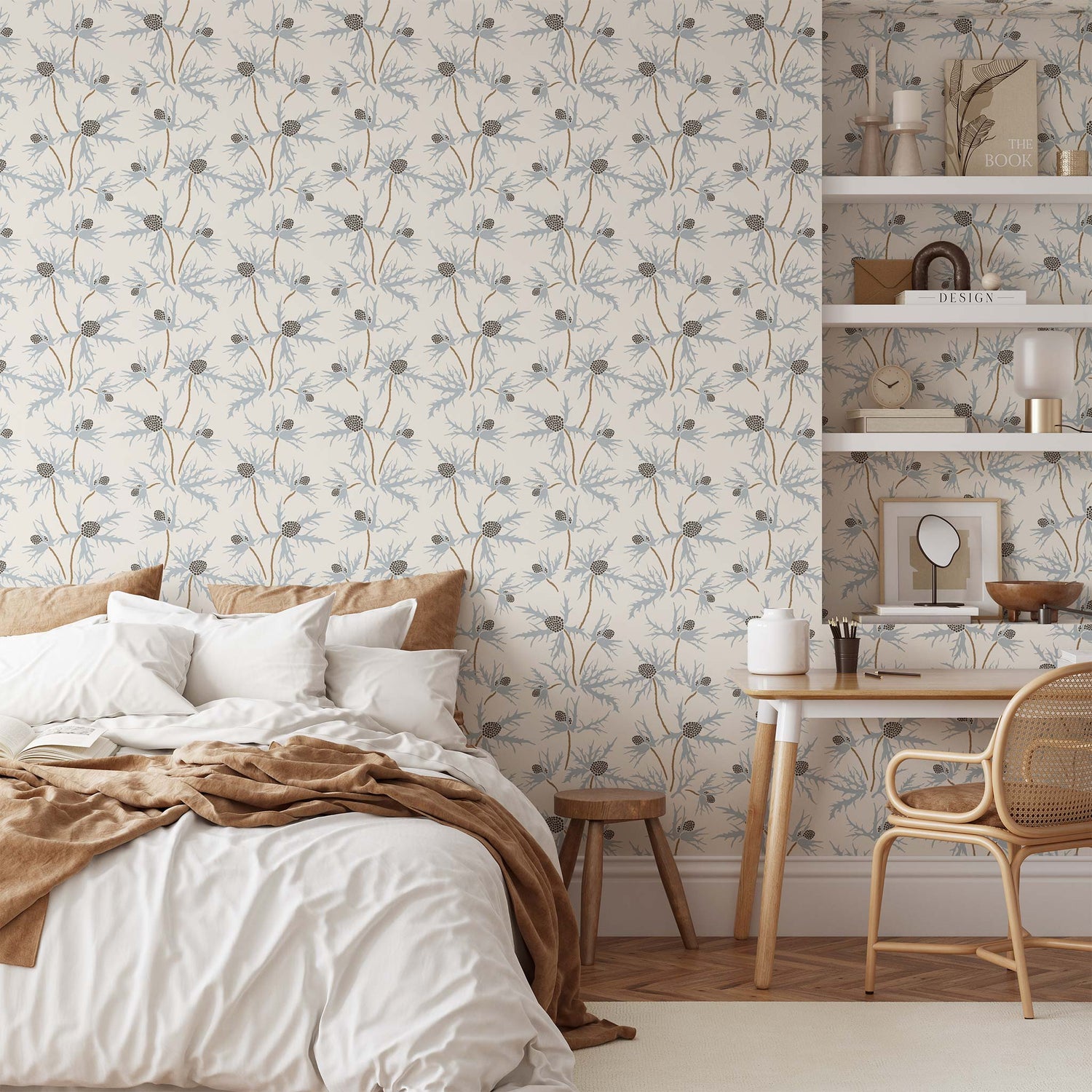 Coastal Sea Holly Wallpaper in Blue on White shown in a bedroom