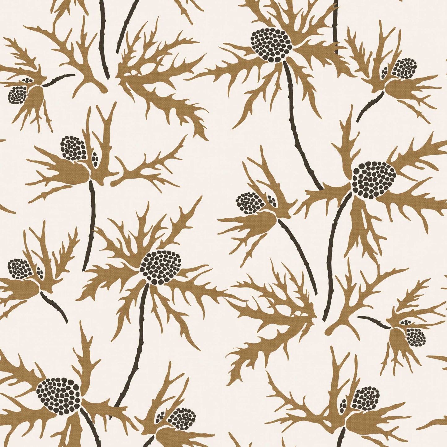 Closeup view of our Coastal Sea Holly Wallpaper in Beige on Cotton