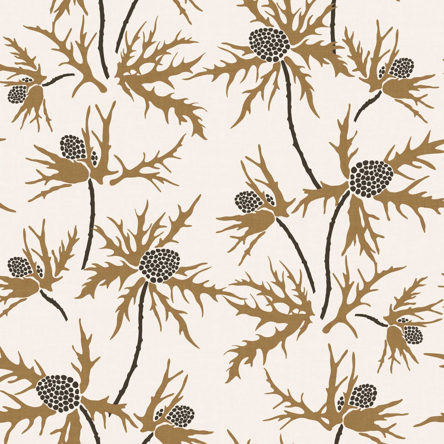 Closeup view of our Coastal Sea Holly Wallpaper in Beige on Cotton