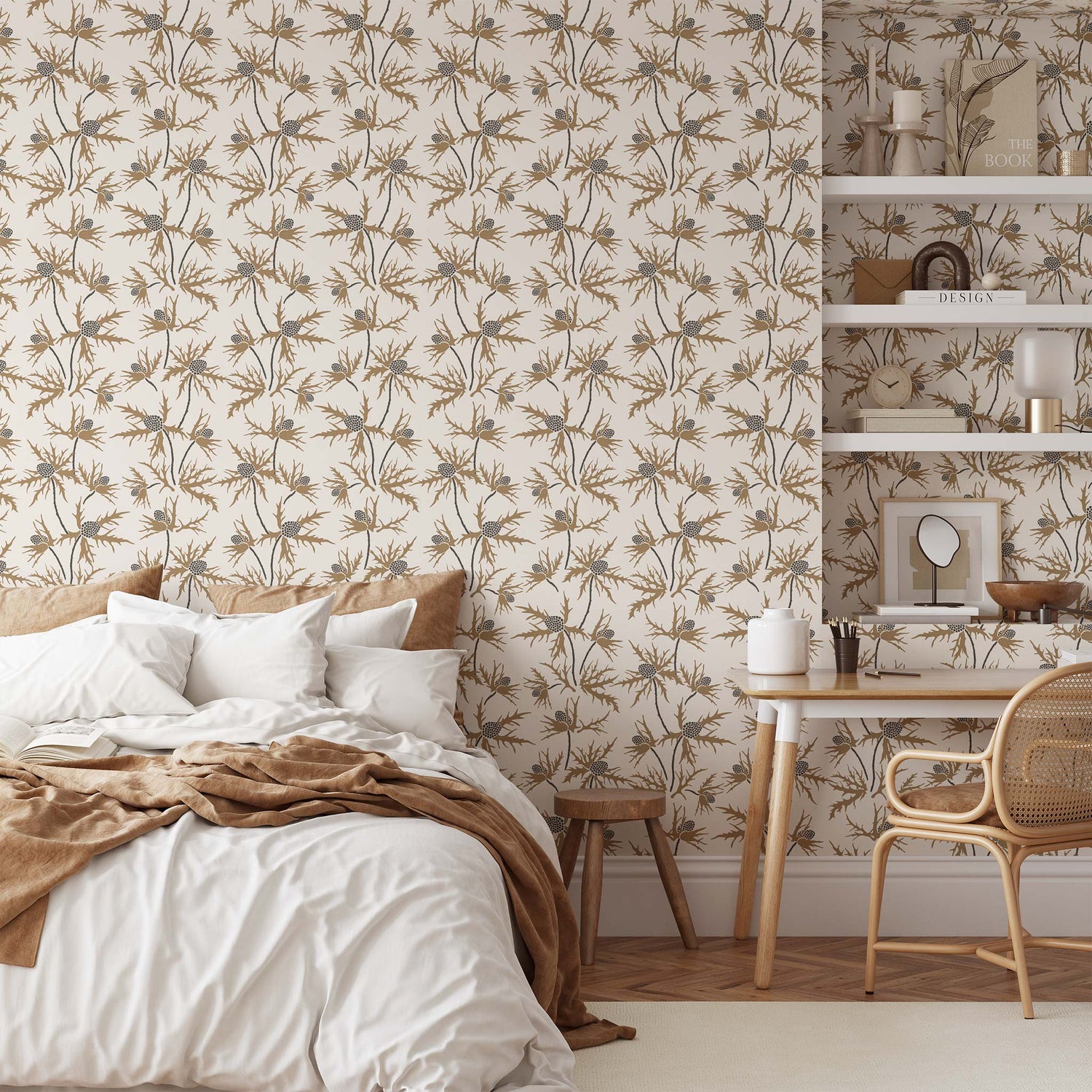 Coastal Sea Holly Wallpaper in Beige on Cotton shown in a bedroom