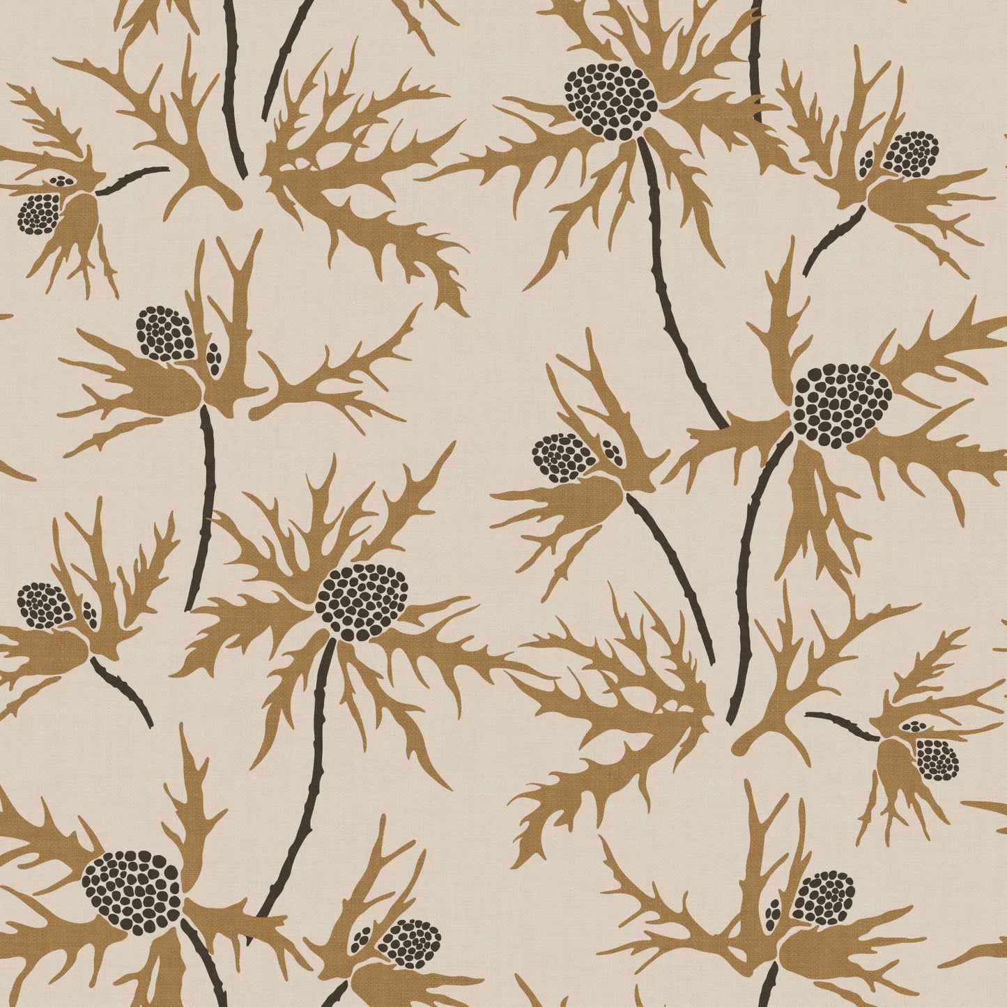 Closeup view of our Coastal Sea Holly Wallpaper in Tan