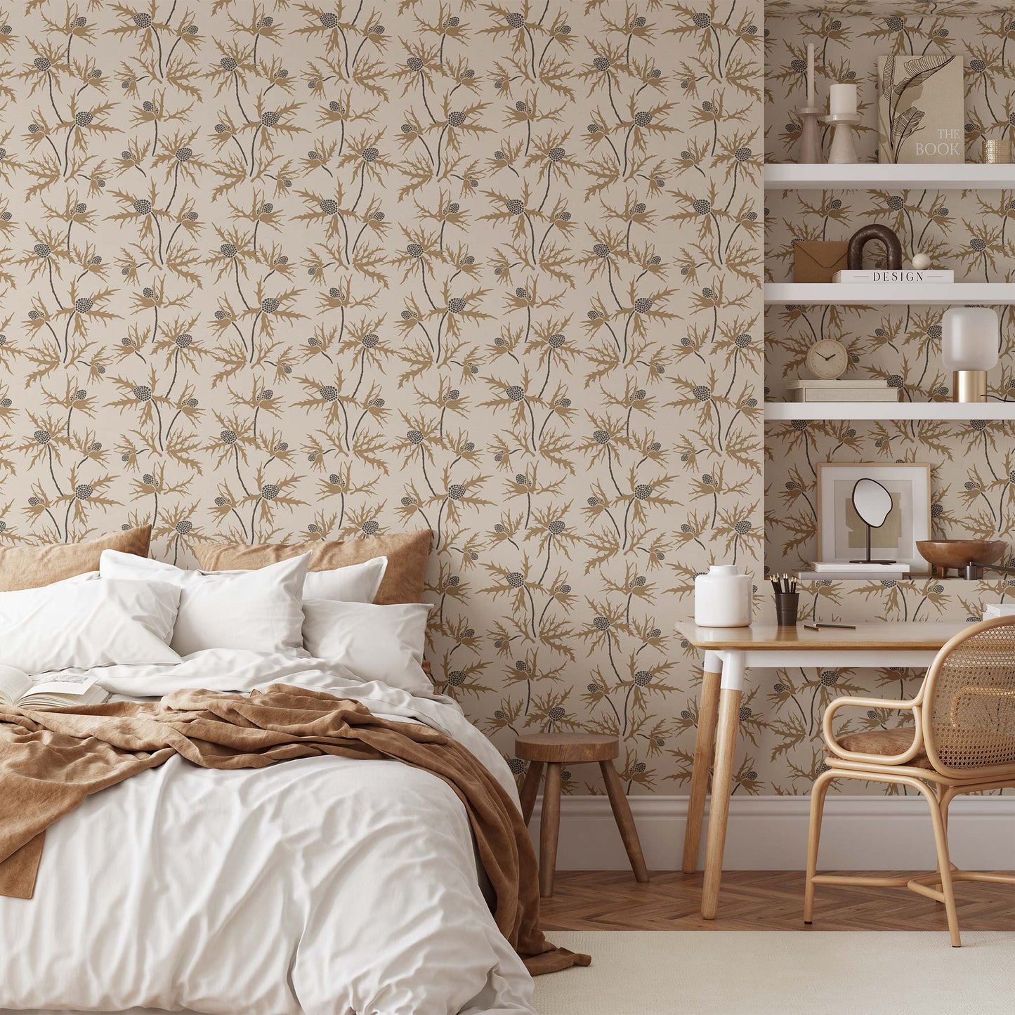 Coastal Sea Holly Wallpaper in Tan shown in a bedroom