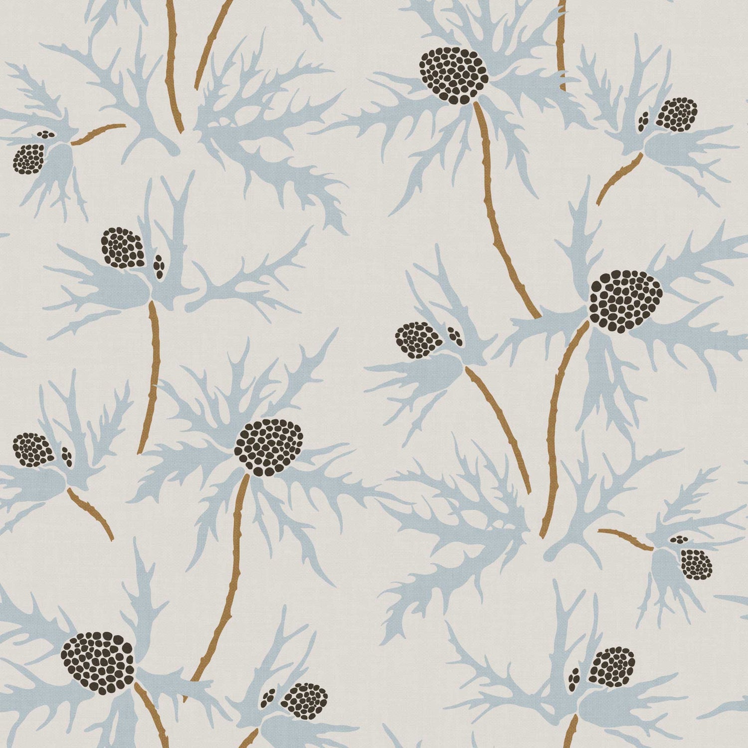 Closeup view of our Coastal Sea Holly Wallpaper in Blue on Soft Gray
