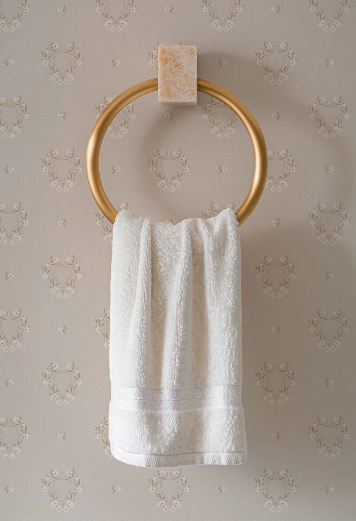 Botanical Laurel Wreath Wallpaper in Cotton shown in a bathroom