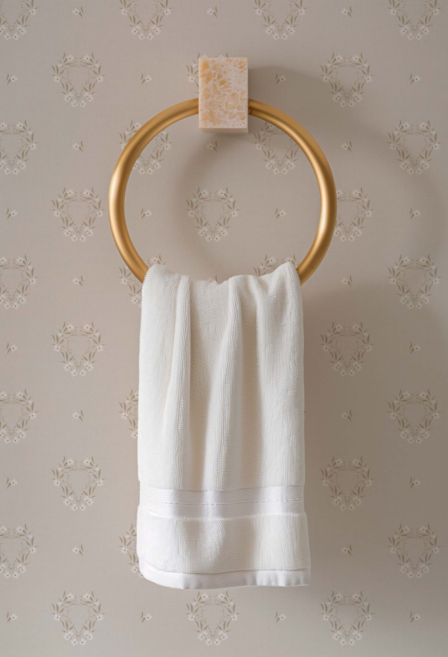 Botanical Laurel Wreath Wallpaper in Cotton shown in a bathroom