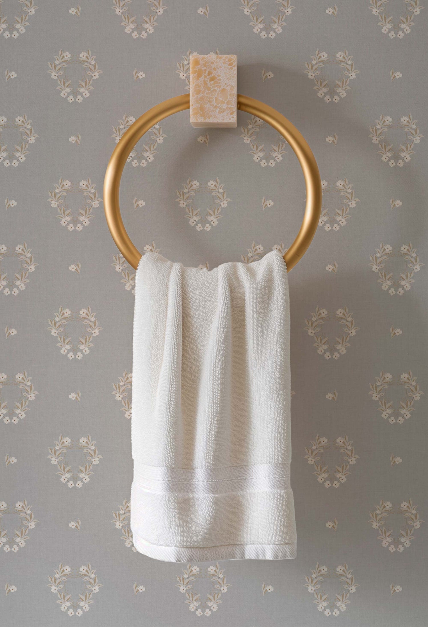 Botanical Laurel Wreath Wallpaper in Gray shown in a bathroom