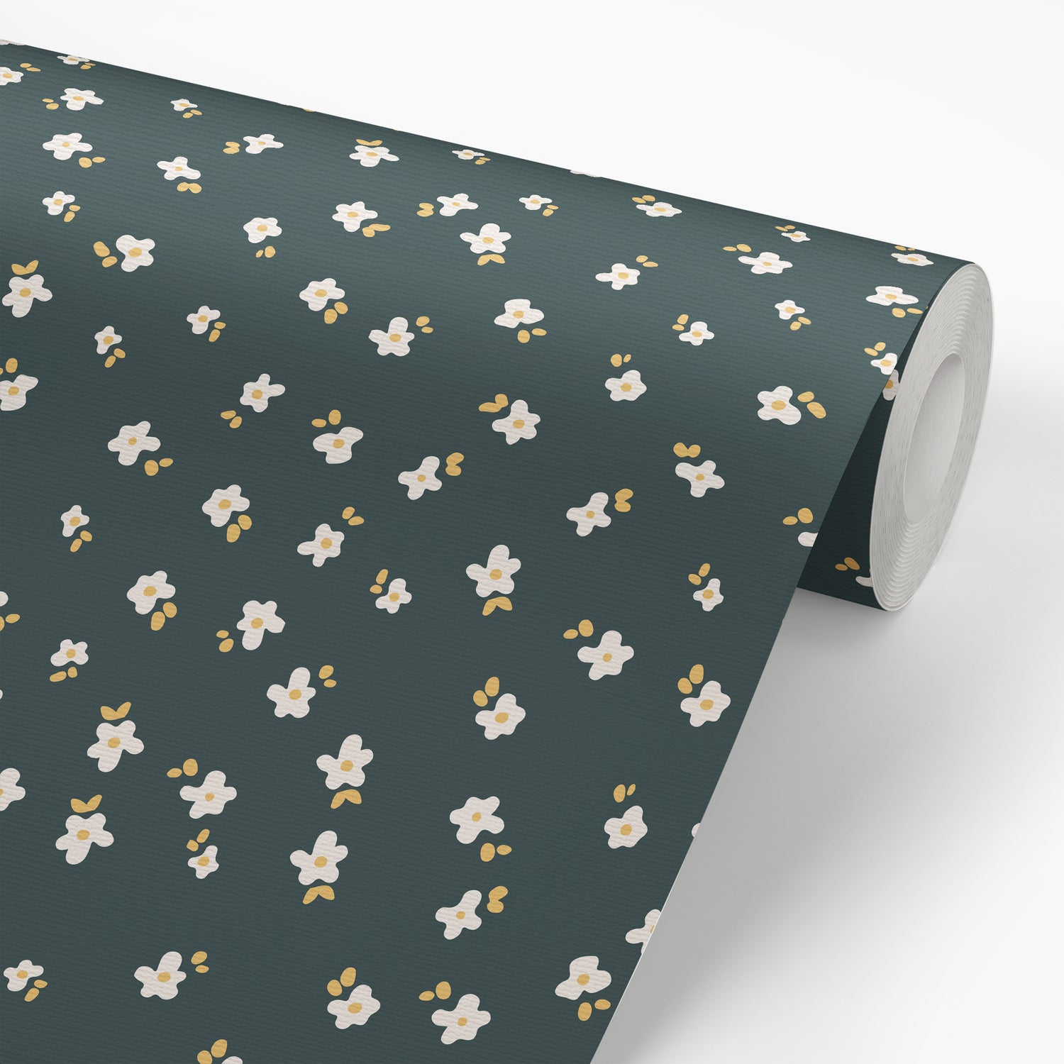 Our Snow in Summer removable peel and stick wallpaper in Dark Green shown on a roll of wallpaper.