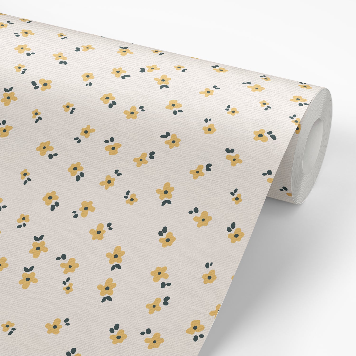 Our Snow in Summer removable peel and stick wallpaper in Ochre yellow shown on a wallpaper roll.