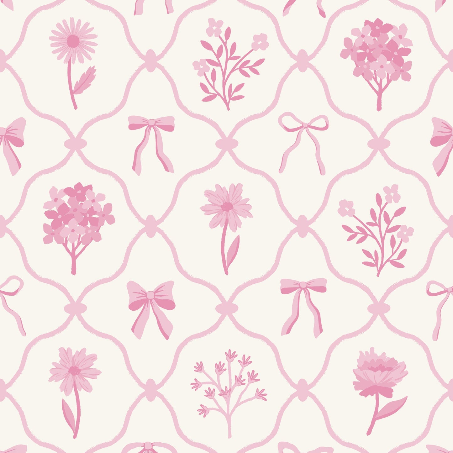Our Something Pink wallpaper features pink flowers and bows on a white background.