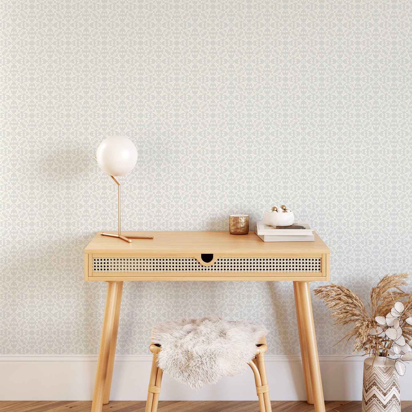 Ayara's peel and stick removable Spanish Tiles Wallpaper in Snow featured in an office.