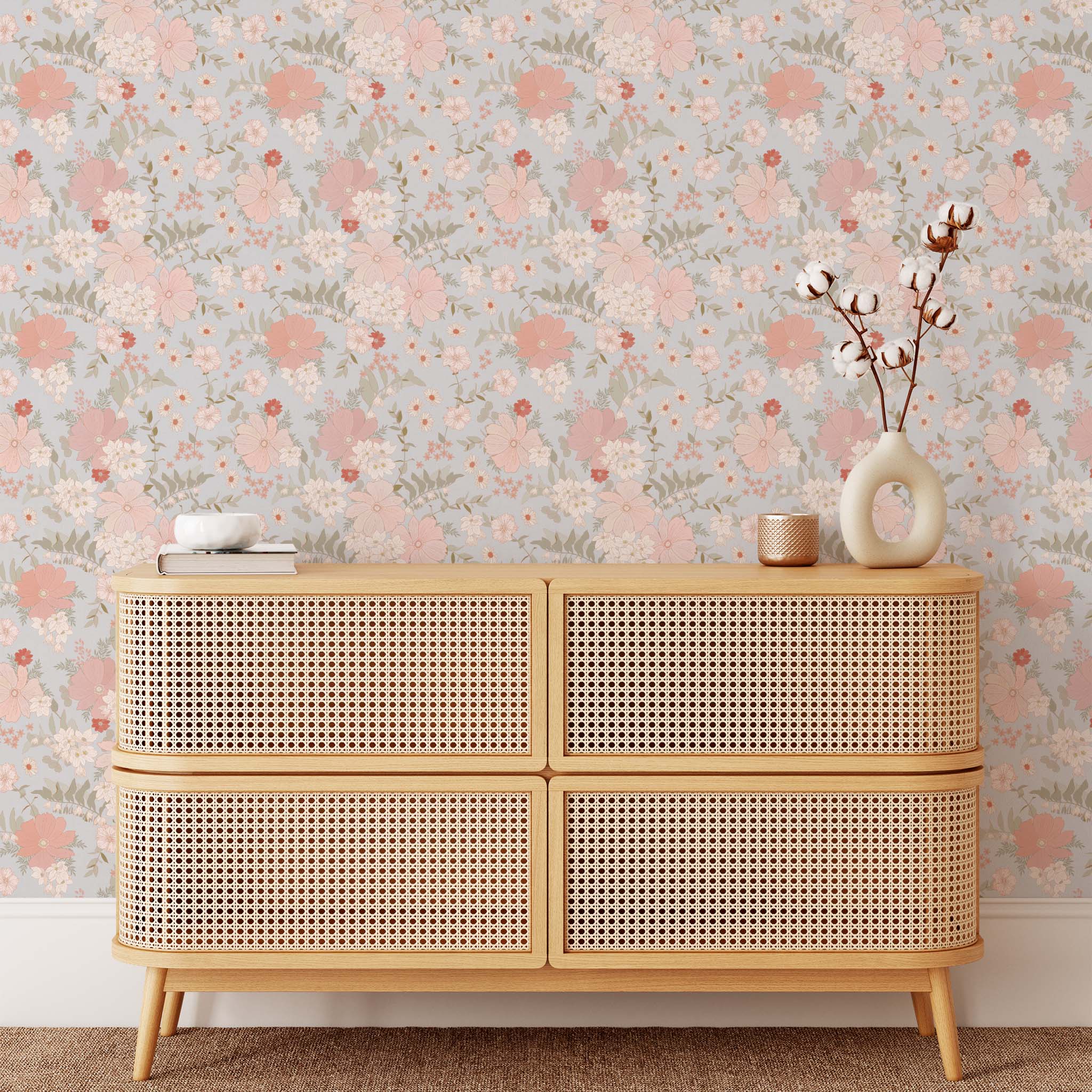 E  Spring flower 着画あり◎ Spring Florals Wallpaper - Pink and Blue – Ayara Home