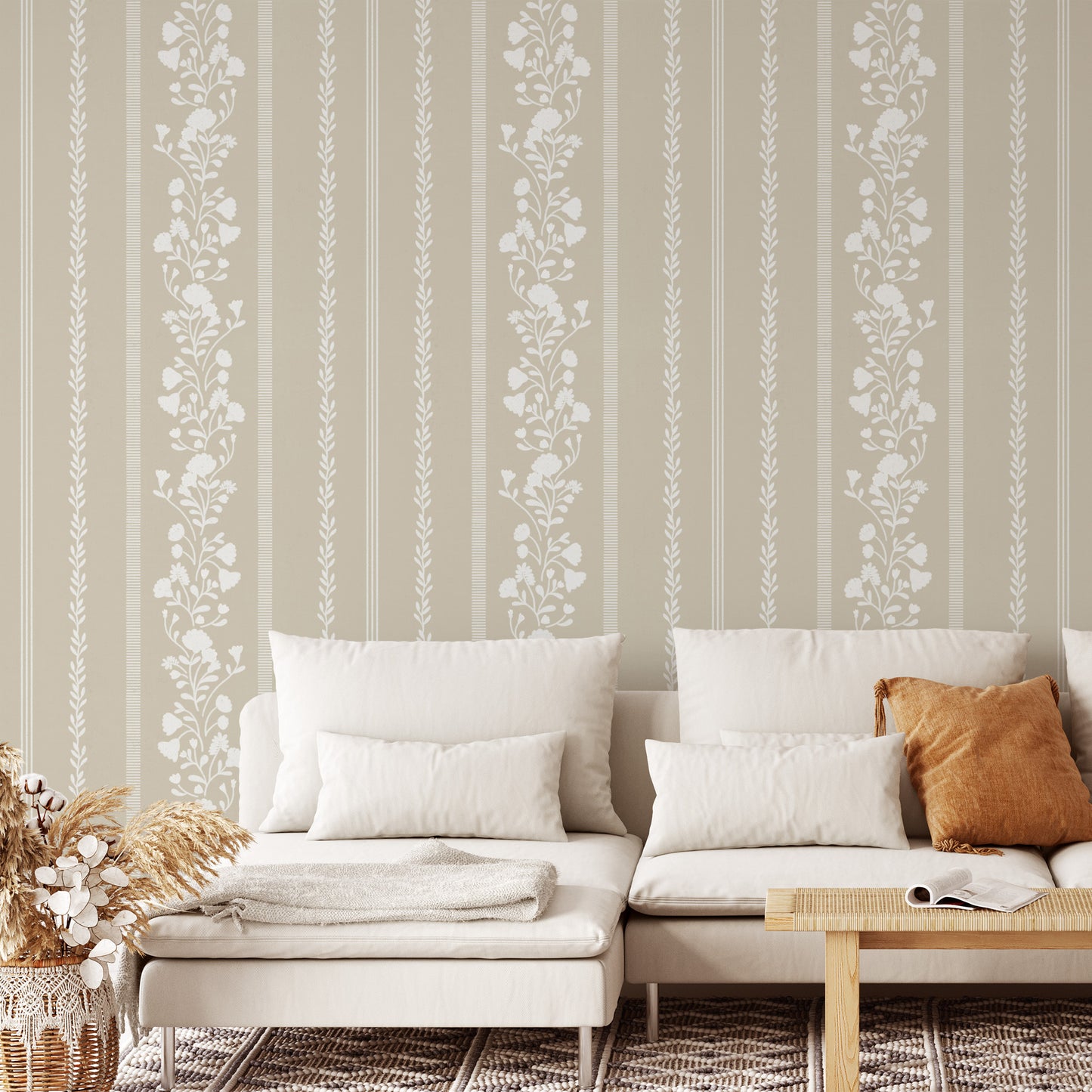 Sweet Floral Stripe Wallpaper in Beige in a living room