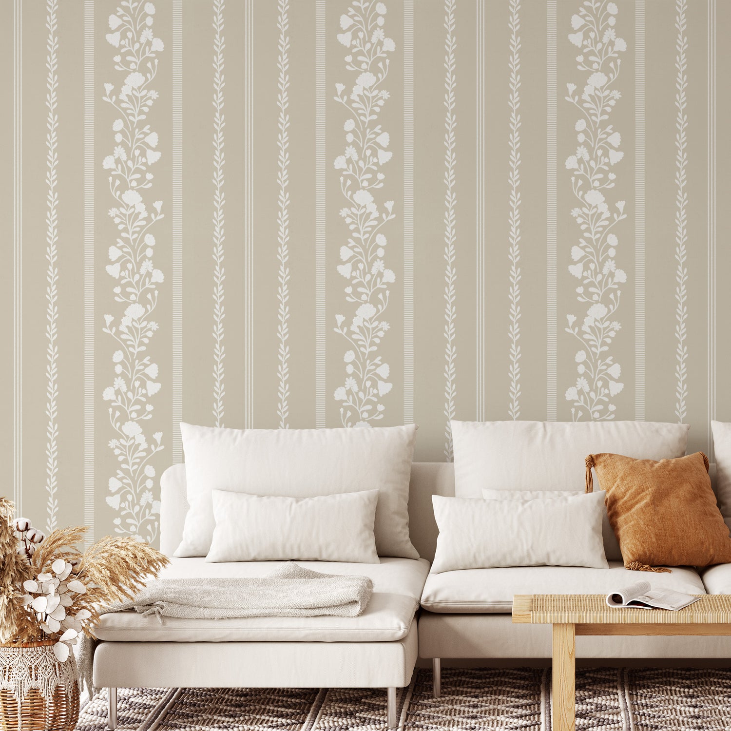 Sweet Floral Stripe Wallpaper in Beige in a living room