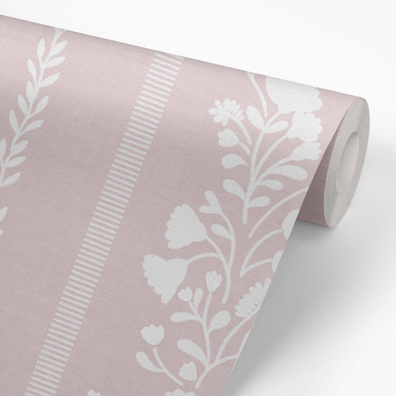 Sweet Floral Stripe Wallpaper in Rose shown on a roll of wallpaper