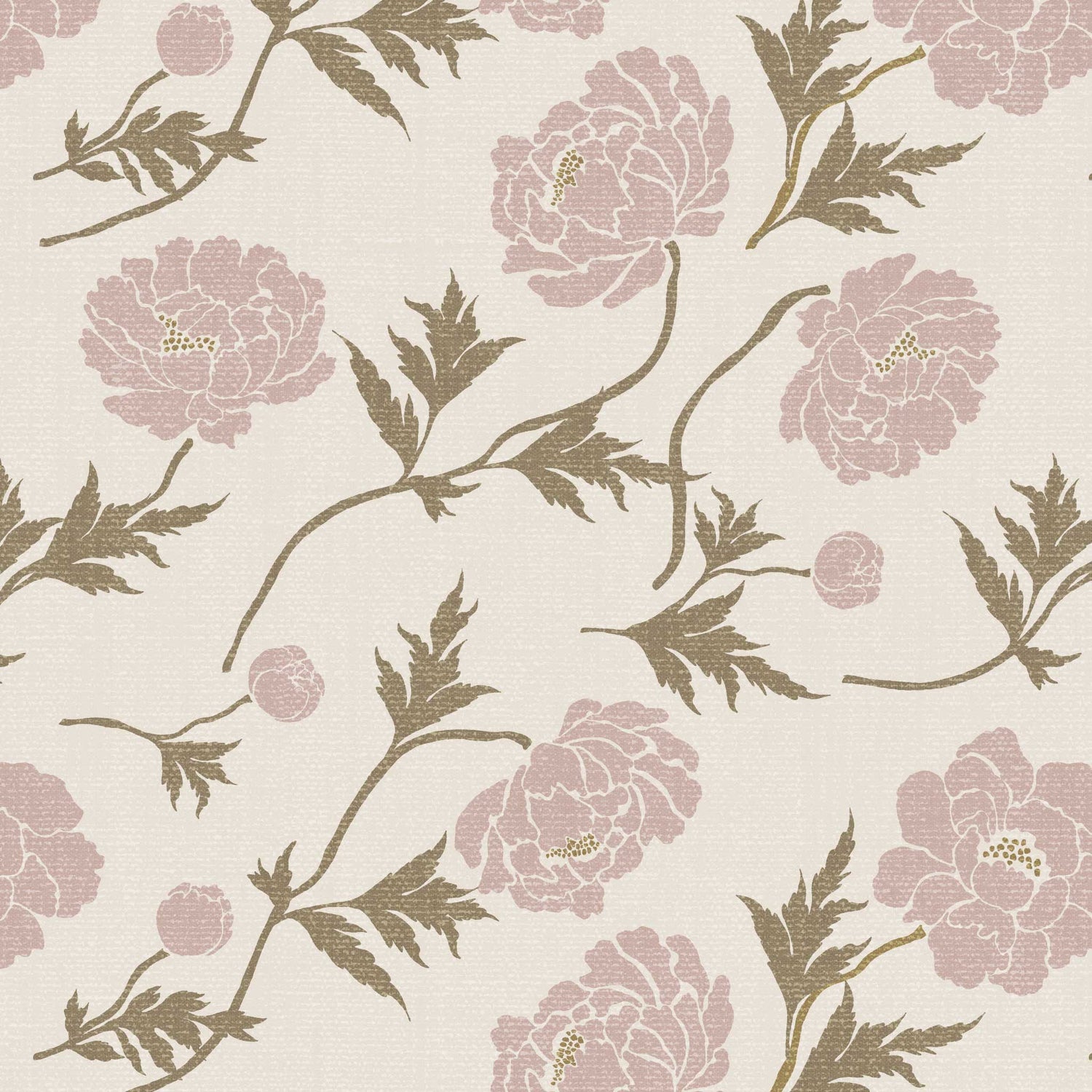 Closeup view of our Tossed Peonies Wallpaper in Mauve Florals