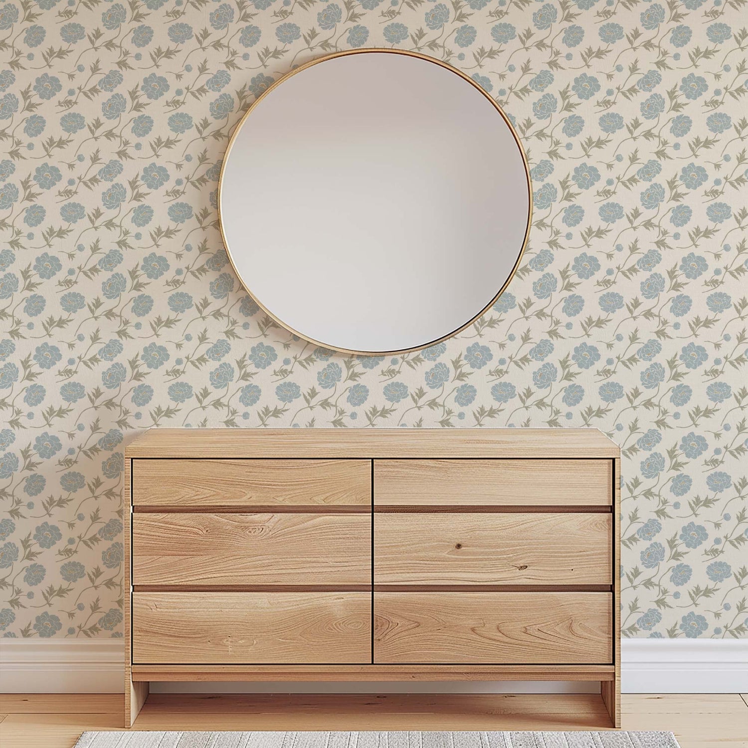 Tossed Peonies Wallpaper in Blue Florals shown in a room