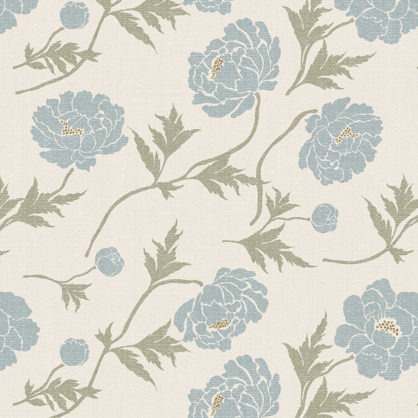 Closeup view of our Tossed Peonies Wallpaper in Blue Florals