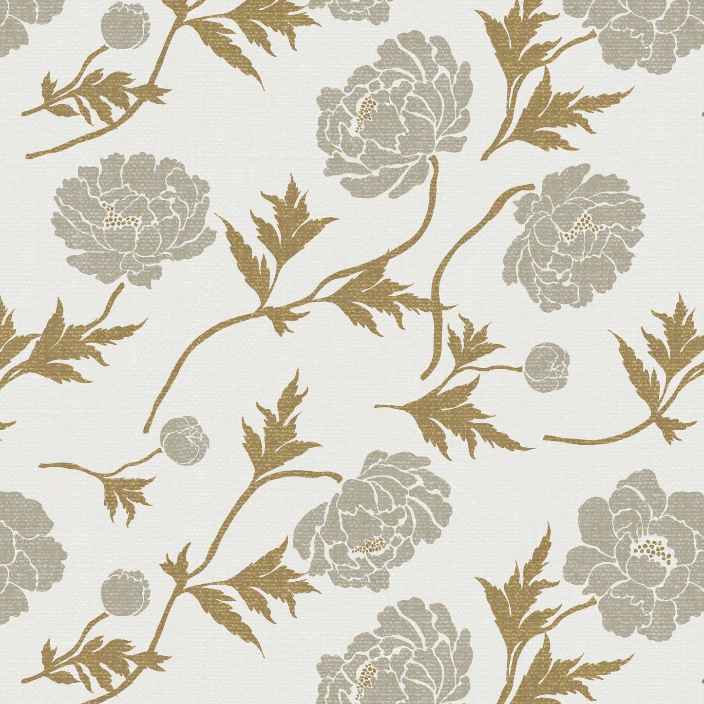 Closeup view of our Tossed Peonies Wallpaper in Taupe Florals