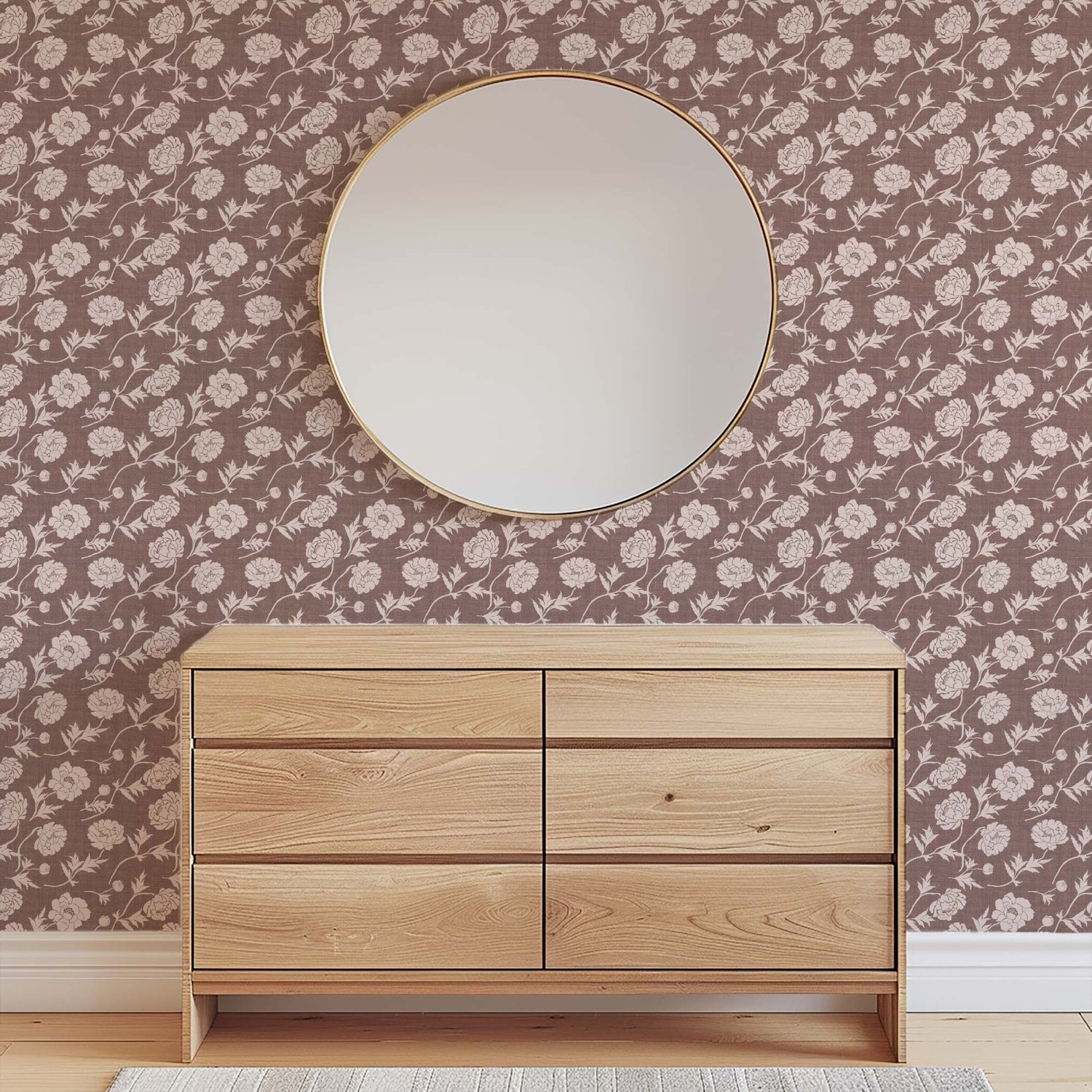 Tossed Peonies Wallpaper in Old Burgundy shown in a room.