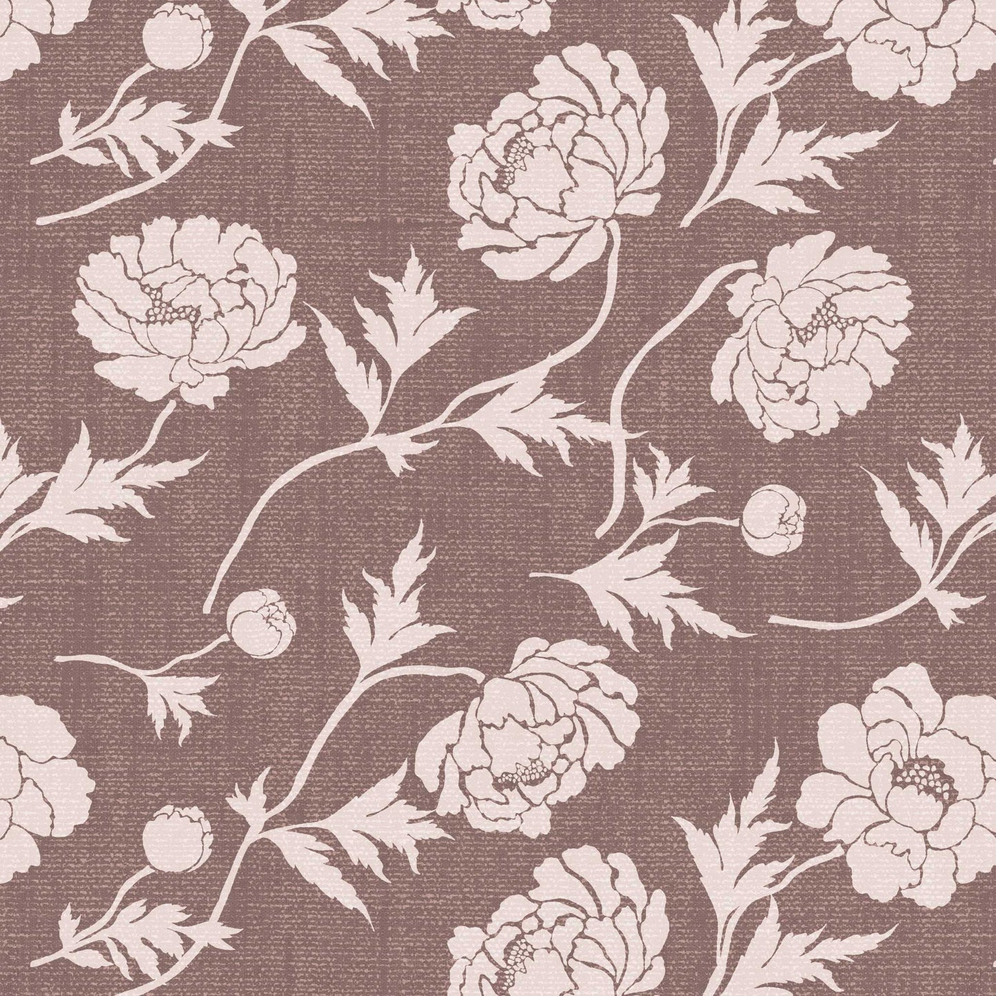 Closeup view of our Tossed Peonies Wallpaper in Old Burgundy