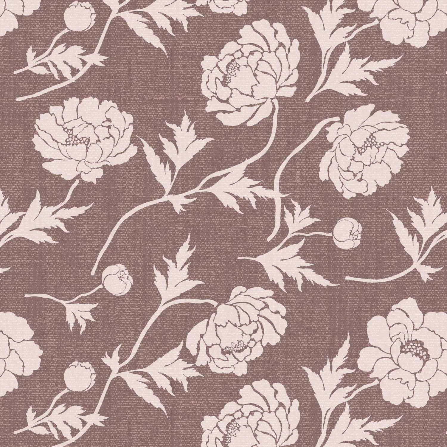 Closeup view of our Tossed Peonies Wallpaper in Old Burgundy