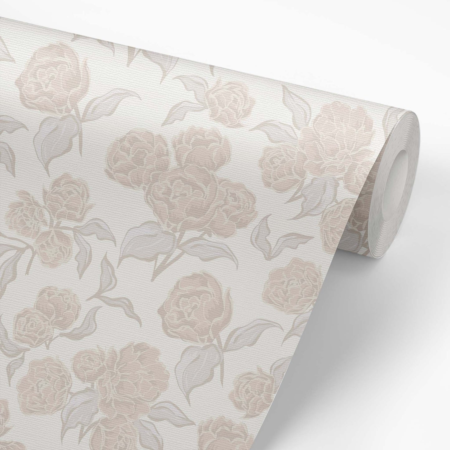 Roll of floral wallpaper with beige flowers on a light background