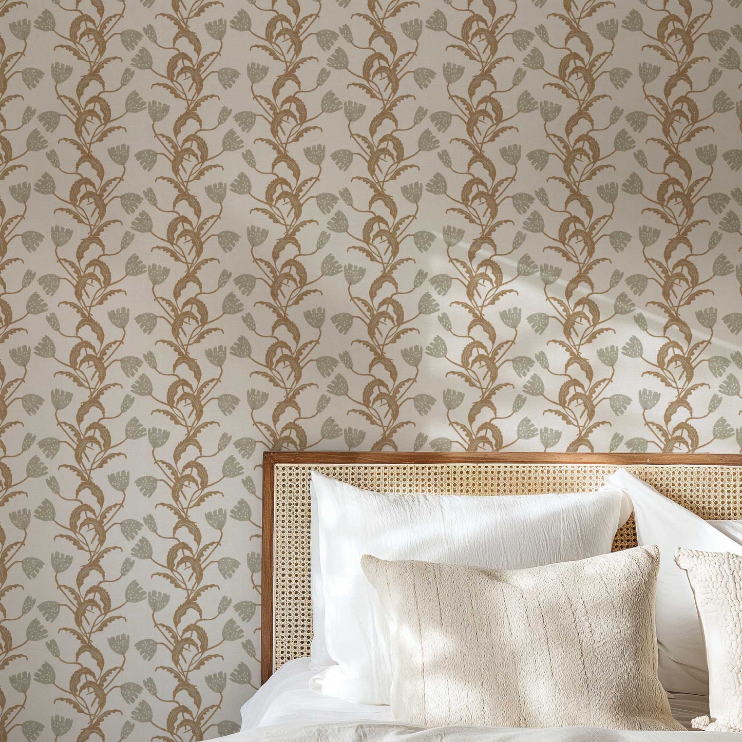 Modern Tulips Wallpaper in Cream shown in a bedroom