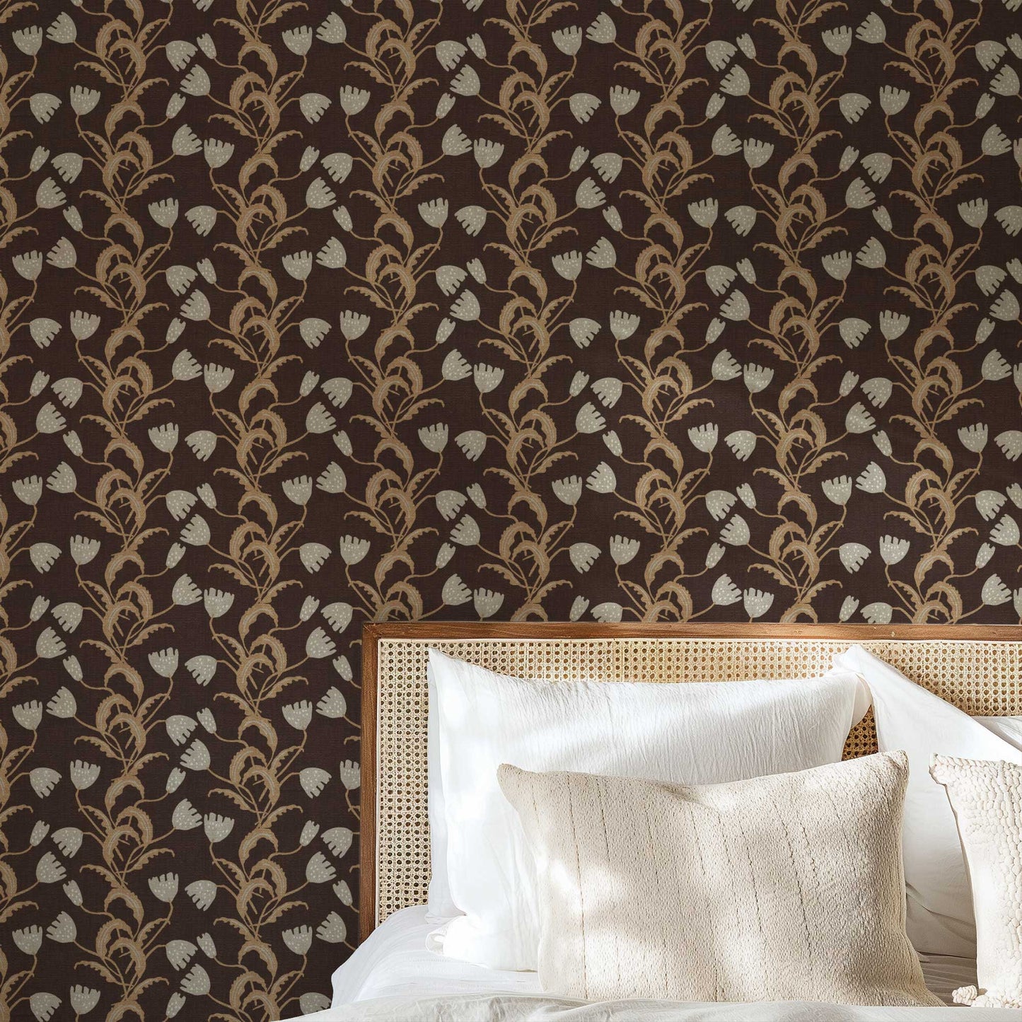 Modern Tulips Wallpaper in Espresso shown in a bedroom