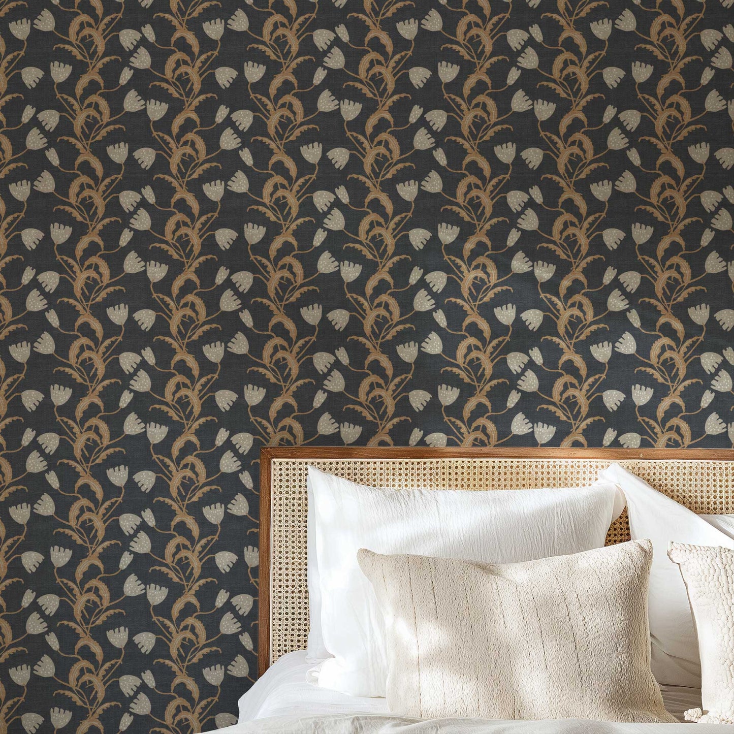 Modern Tulips Wallpaper in Steel Blue shown in a bedroom