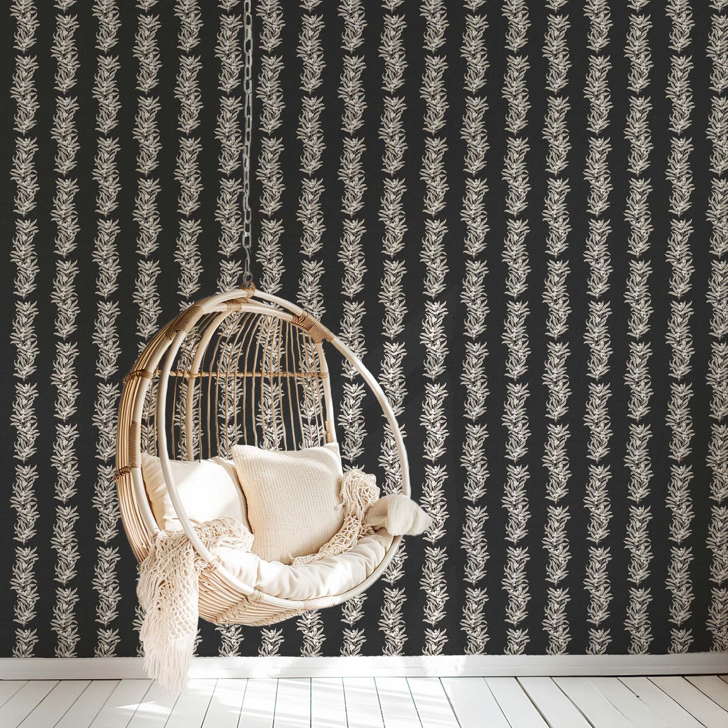 Vining Berries Wallpaper in Ash shown in a reading room