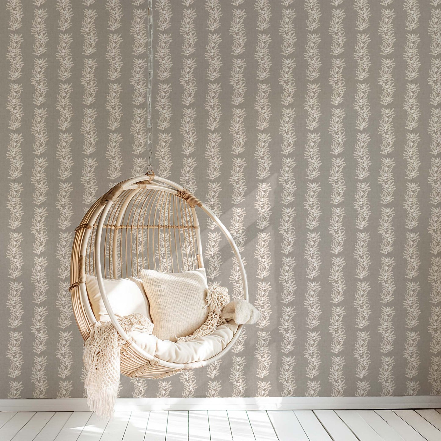 Our Vining Berries Wallpaper in Warm Greige shown in a reading room
