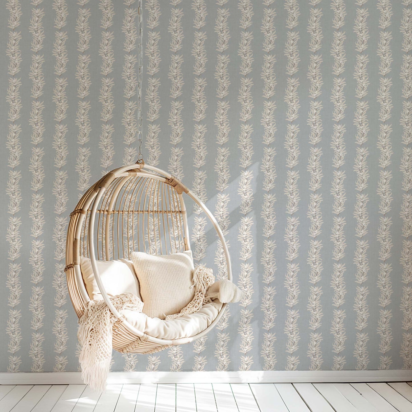 Our Vining Berries Wallpaper in Powder Blue shown in a reading room