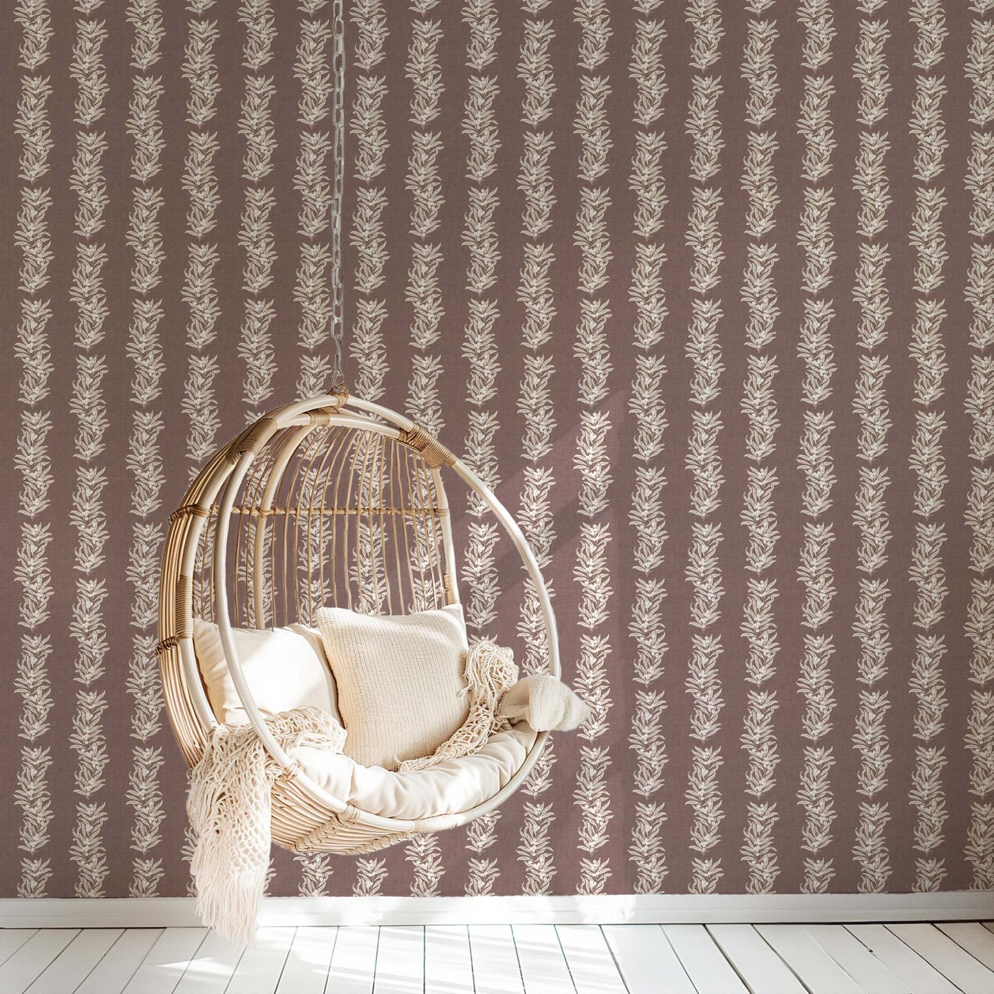 Vining Berries Wallpaper in Old Burgundy shown in a reading room