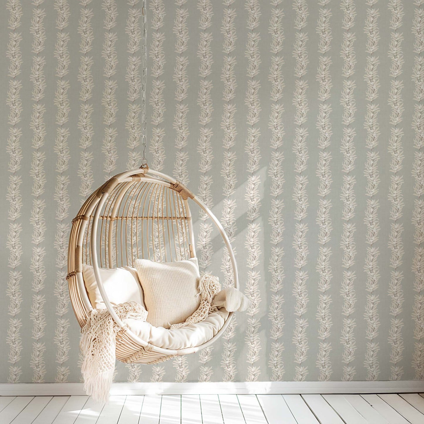 Vining Berries Wallpaper in Cloudy Sea shown in a reading room
