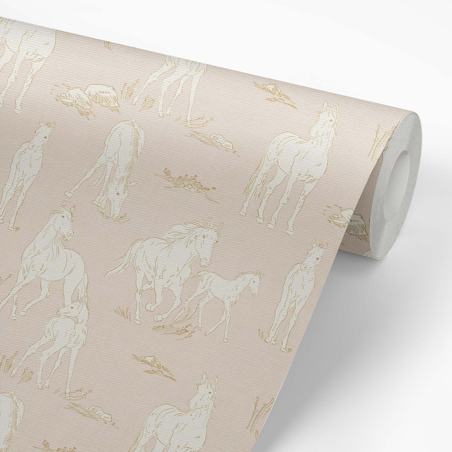 Vintage Charm Horses Wallpaper - Sand shown on a roll